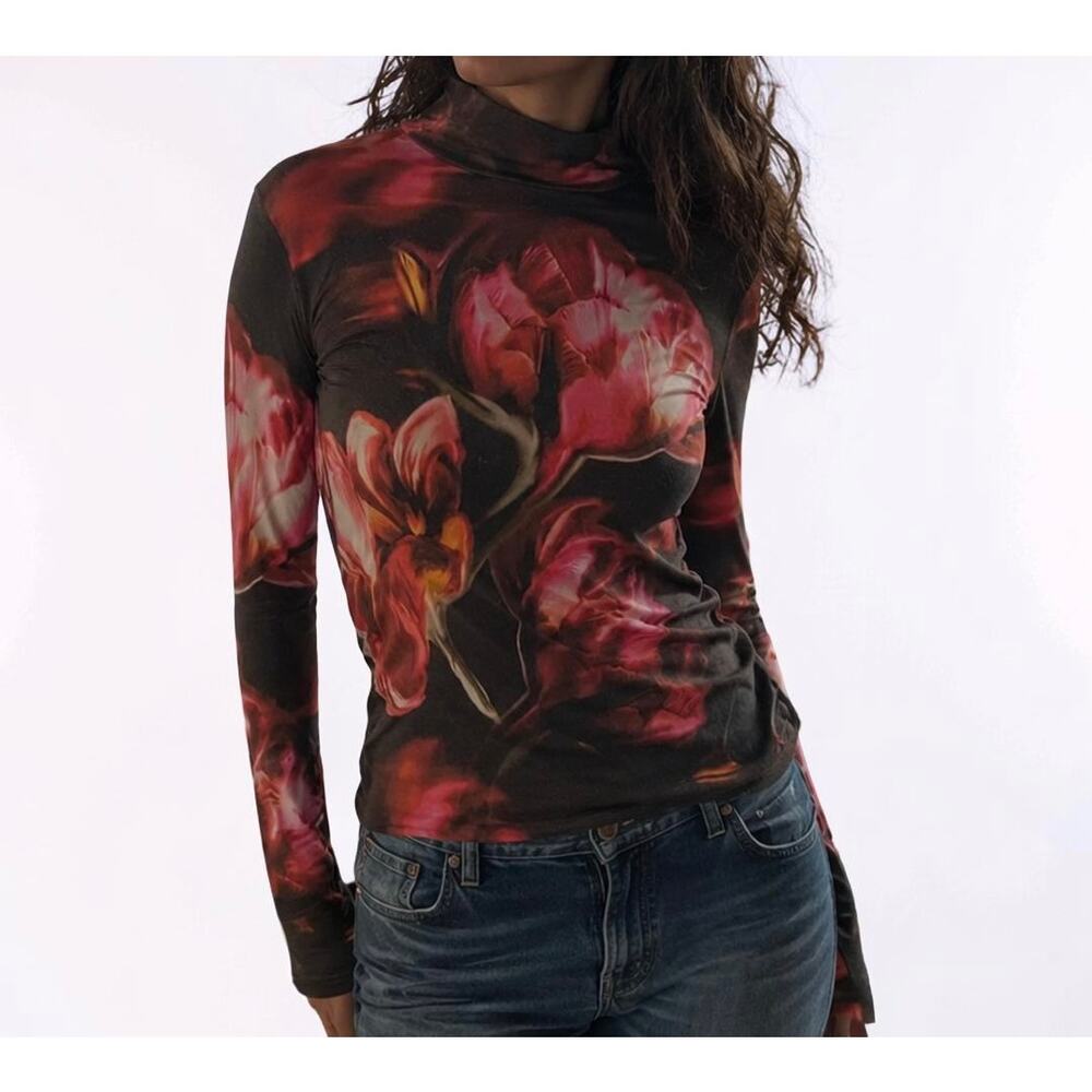 Boston Proper Floral Mock Neck Stretch Top Pink Rose Print Size Large